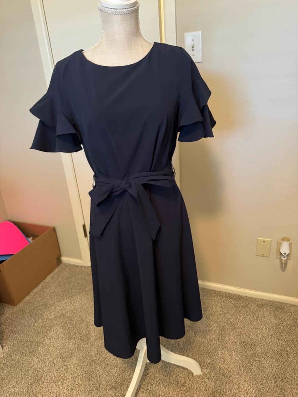 Calvin Klein Navy Tie-Belt Flutter-Sleeve Midi Dress